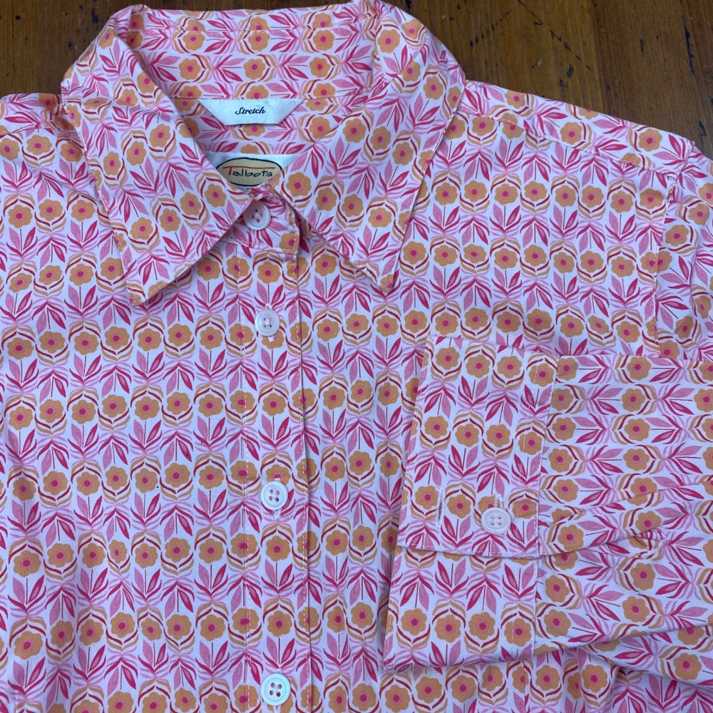 Talbots Petite Pink Orange Floral Print Stretch Cotton Button Down‎ Shirt Kids